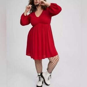 3X • Torrid • Jester Red Long Sleeve V-Neck Babydoll Mini Dress